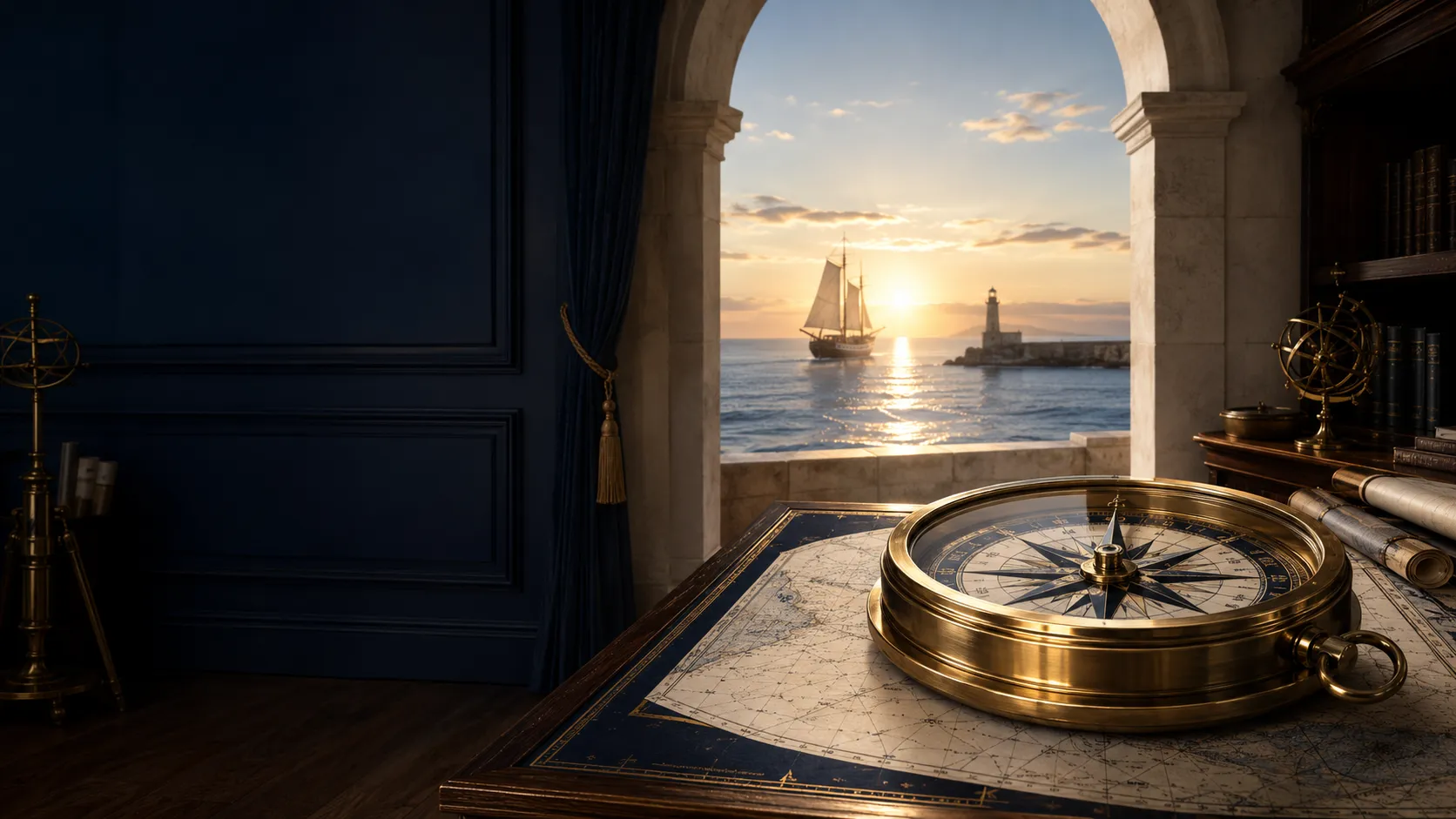 A brass compass beside an open archway overlooking a sailing boat and lighthouse